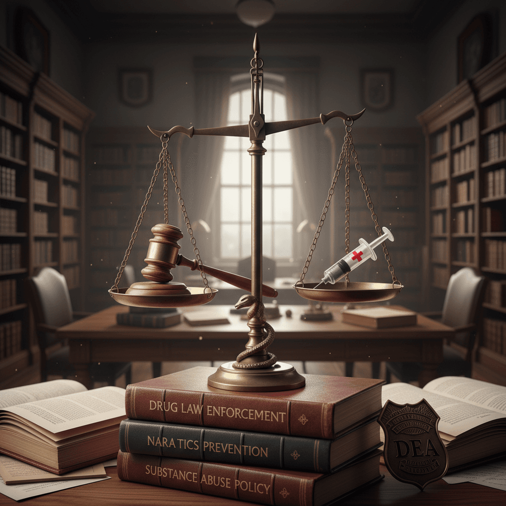 Scales of justice and legal books representing drug law enforcement and prevention