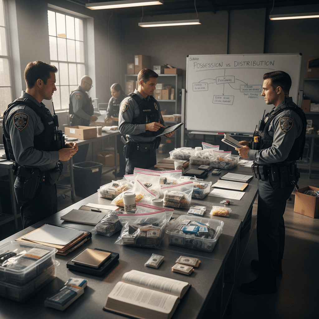 Law enforcement officers representing drug trafficking investigation and legal distinctions between possession and distribution