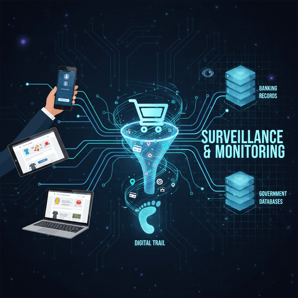 Digital surveillance and online transaction monitoring showing how digital trails are created during online purchases