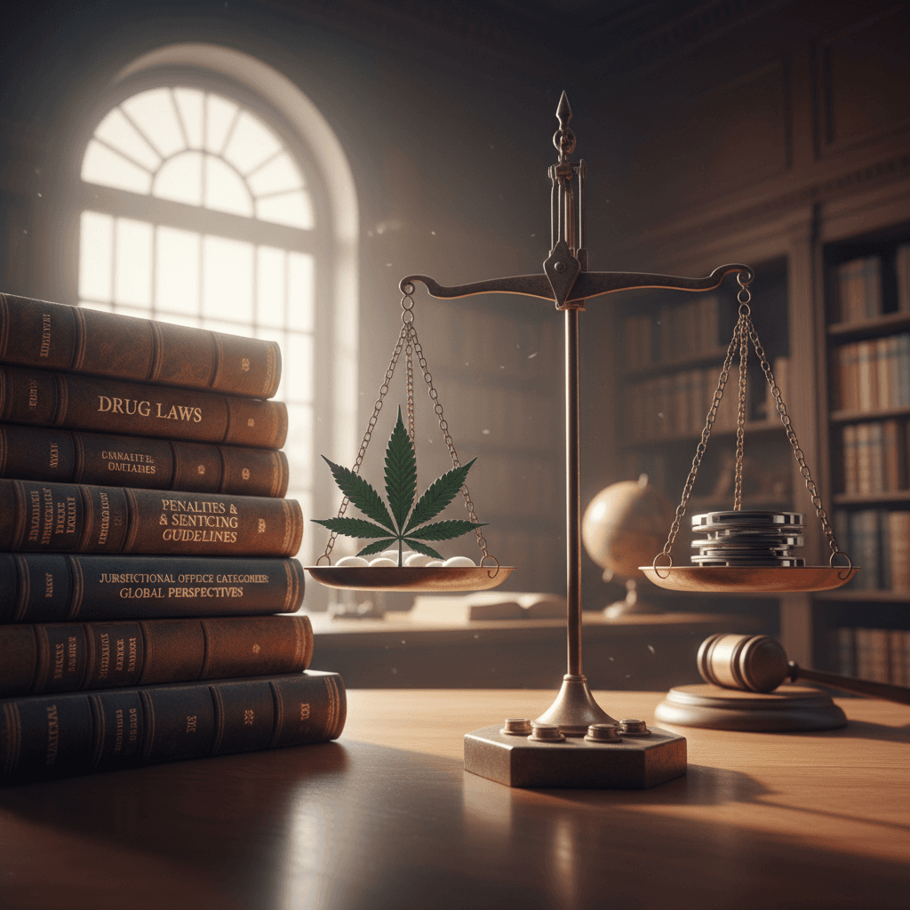 Scales of justice and legal books representing drug laws, penalties, and jurisdiction-specific offence categories